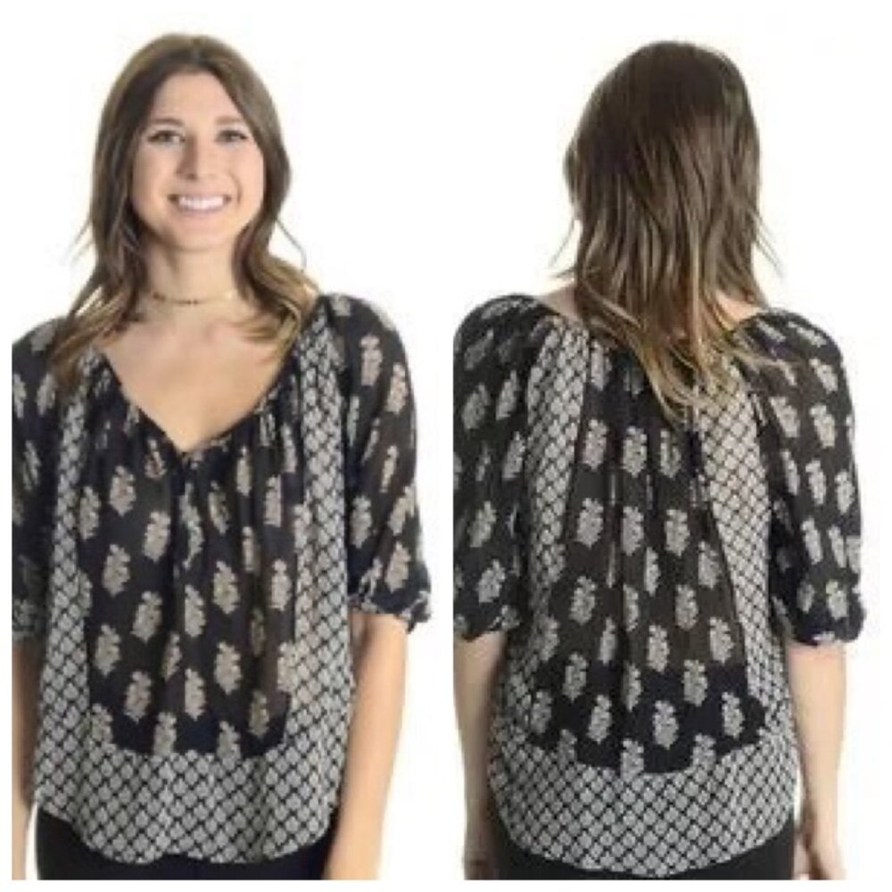 Joie Black Floral Cornelle Silk Button-Front Boho Blouse - Size S